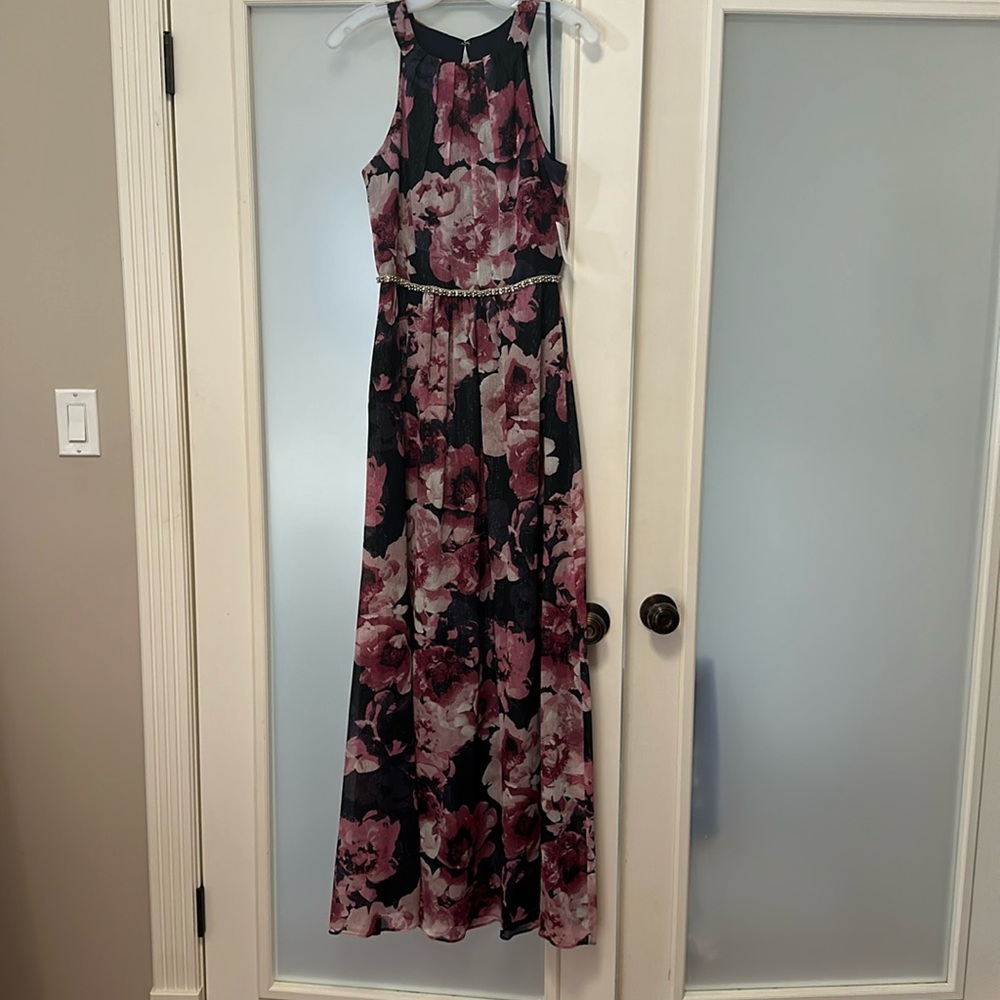 Long floral gown with beaded waist. Pink and Navy floral.